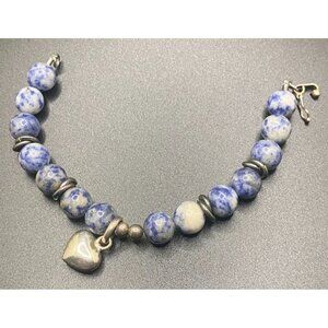 Vintage Sodalite Bracelet Blue 10mm 950 Silver Solid Heart 6.75" Love Healing